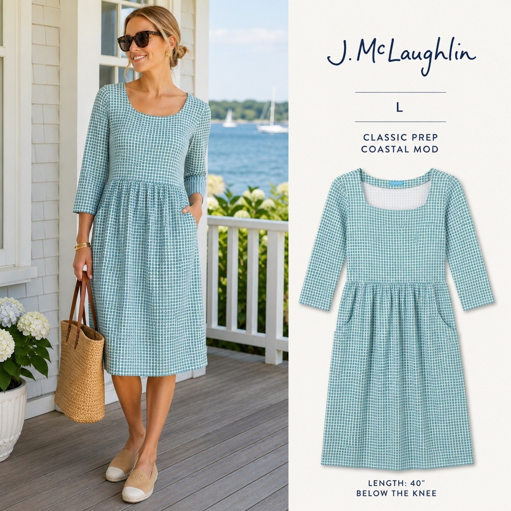 J.McLaughlin Dress Womens L Blue Green Geometric Midi Catalina Cloth Sheath Mod